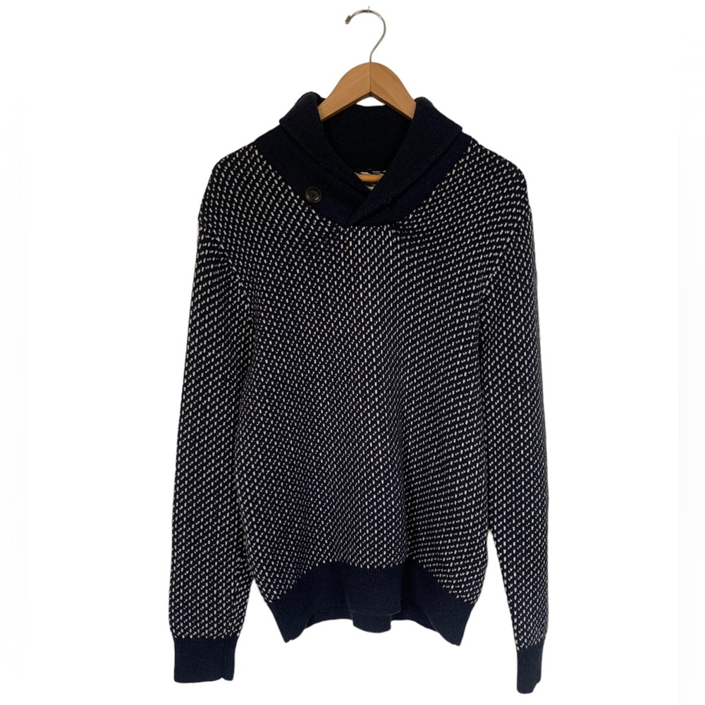 Boden Navy and White Shawl Collar Knit Sweater